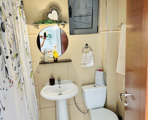 Bathroom with window and toilet. Shower in bathtub