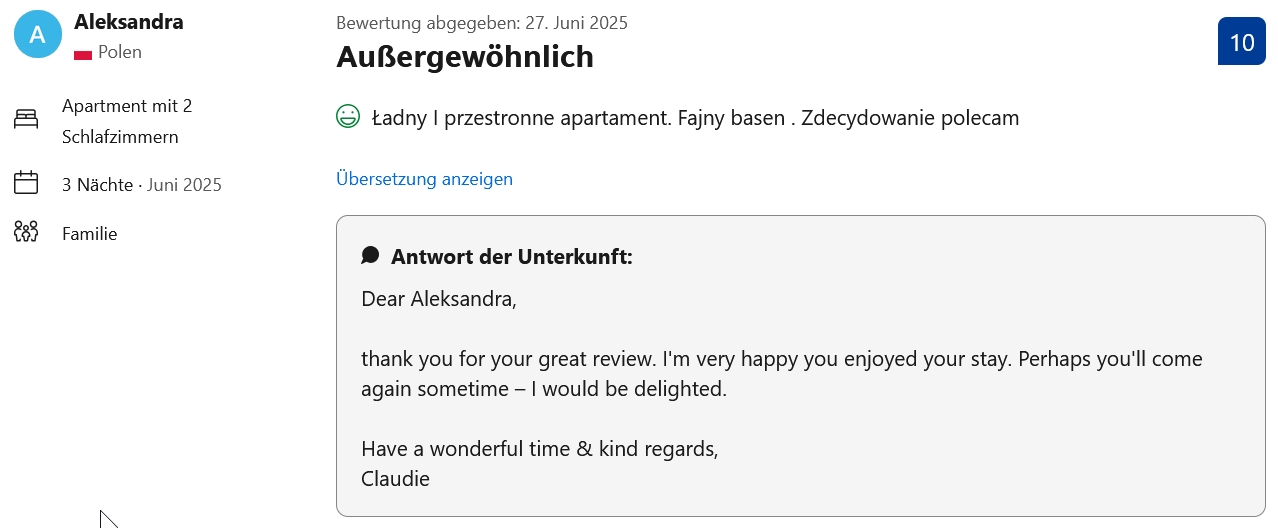 Booking Bewertung Glücks-Griff – Aleksandra aus Polen – 10/10 – Juni 2025 – Außergewöhnlich