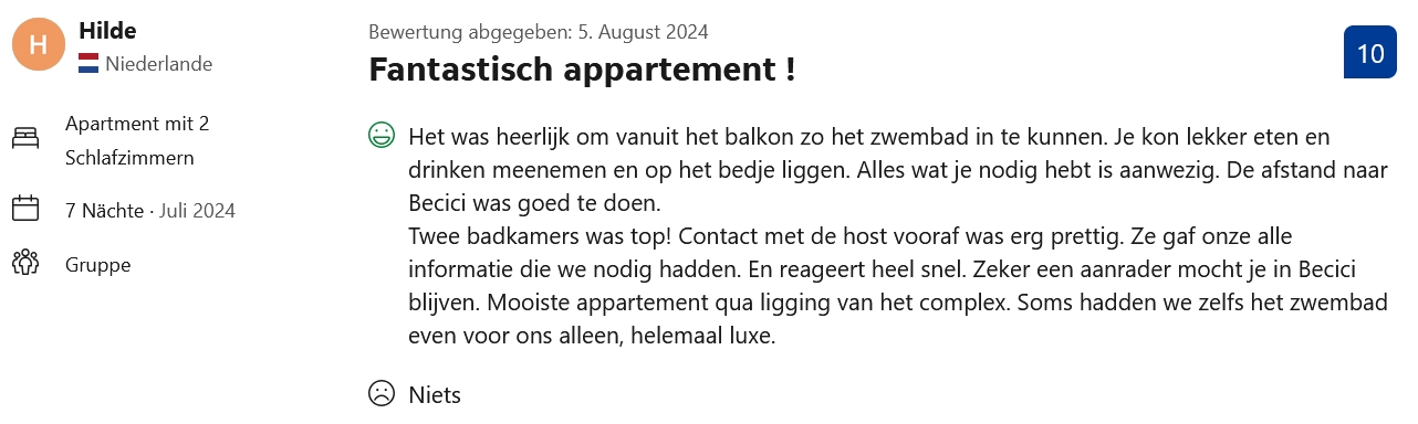 Booking Bewertung Glücks-Griff – Hilde aus Niederlande – 10/10 – Juli 2024 – Fantastisch appartement