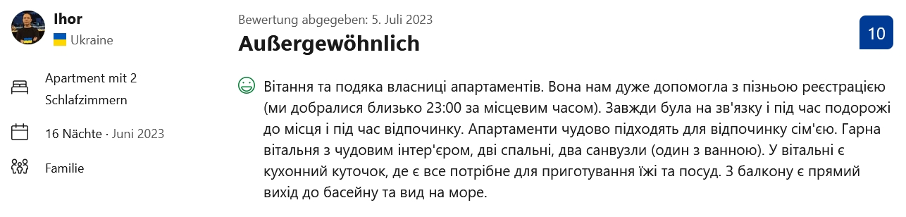Booking Bewertung Glücks-Griff – Ihor aus Ukraine – 10/10 – Juni 2023 – Außergewöhnlich