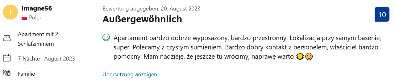 Booking Bewertung Glücks-Griff – Imagne56 aus Polen – 10/10 – August 2023 – Außergewöhnlich