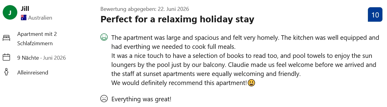 Booking Bewertung Glücks-Griff – Jill aus Australien – 10/10 – Juni 2026 – Perfect for a relaxing holiday stay