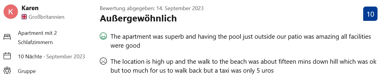 Booking Bewertung Glücks-Griff – Karen aus Großbritannien – 10/10 – September 2023 – Außergewöhnlich
