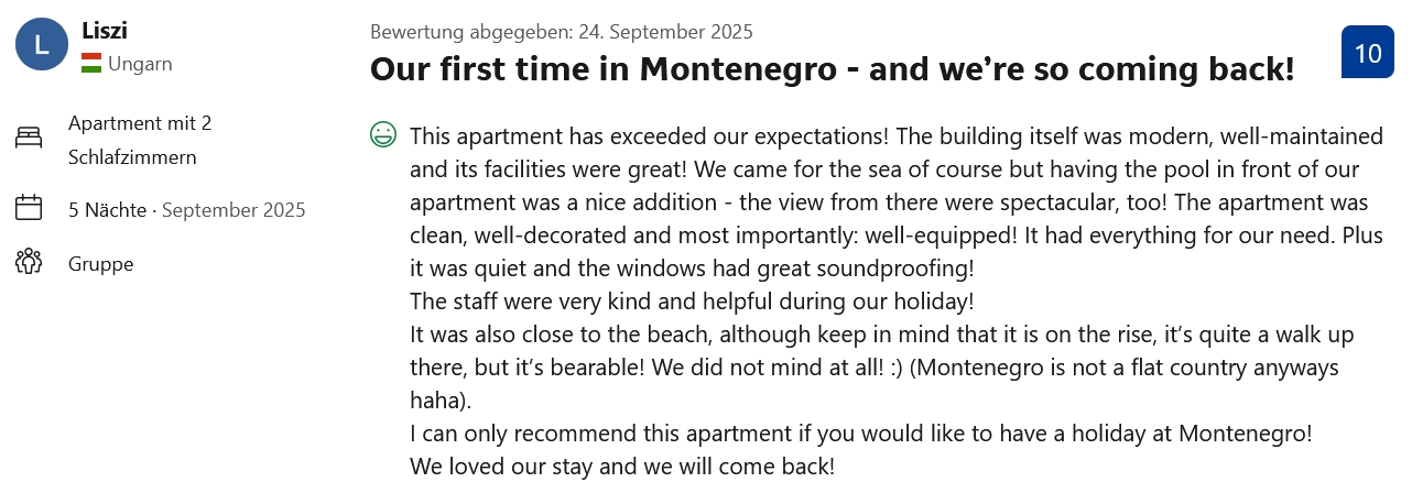 Booking Bewertung Glücks-Griff – Liszi aus Ungarn – 10/10 – September 2025 – Our first time in Montenegro and we are so coming back