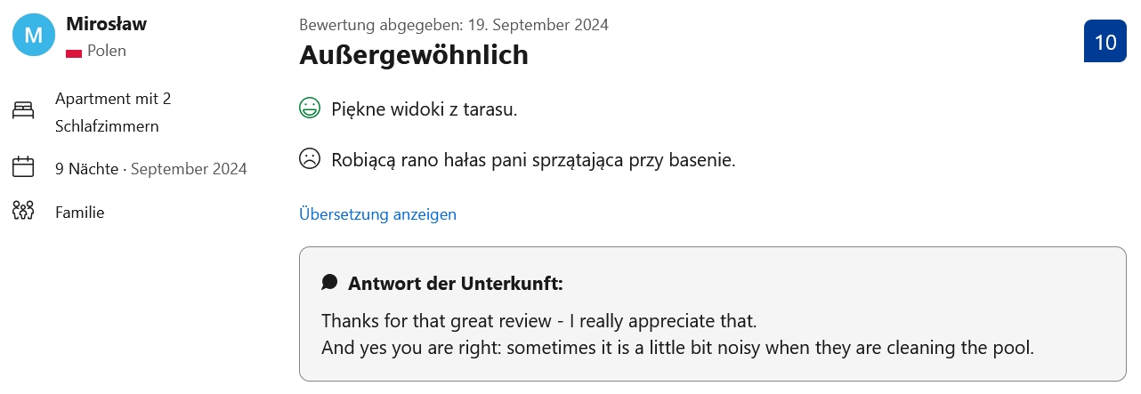 Booking Bewertung Glücks-Griff – Mirosław aus Polen – 10/10 – September 2024 – Außergewöhnlich