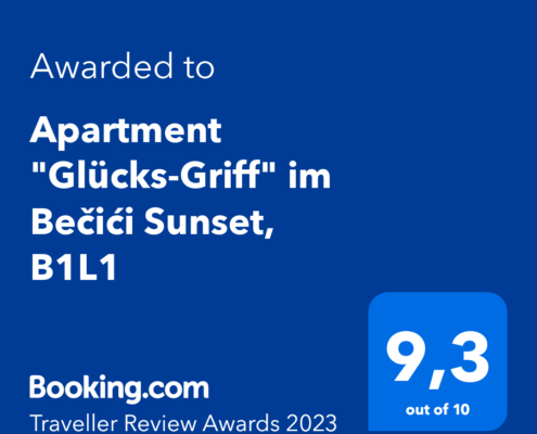 Review Award 2023 von Booking.com fuer Apartment "Glücks-Griff" im Becici Sunset, Montenegro